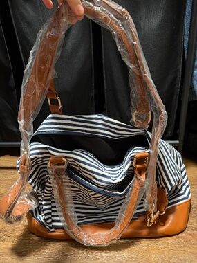 NEW - Navy White Stripe Weekender Travel Duffel Bag Faux Leather Tan Trim